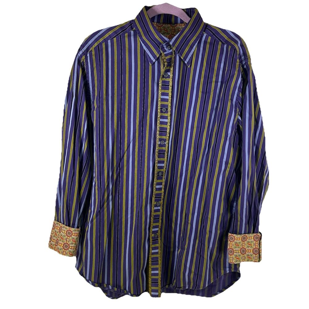 Robert Graham Shirt Mens XL Striped Embroidered Flip Cuff Button Up Long Sleeve - Picture 2 of 12